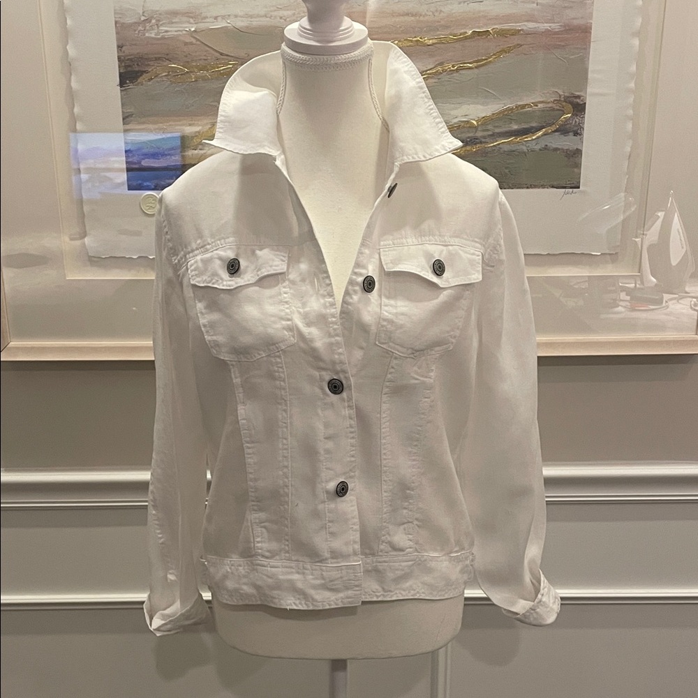 Jones NY Sm 100% Linen Crisp Classic Frank White Denim Jacket